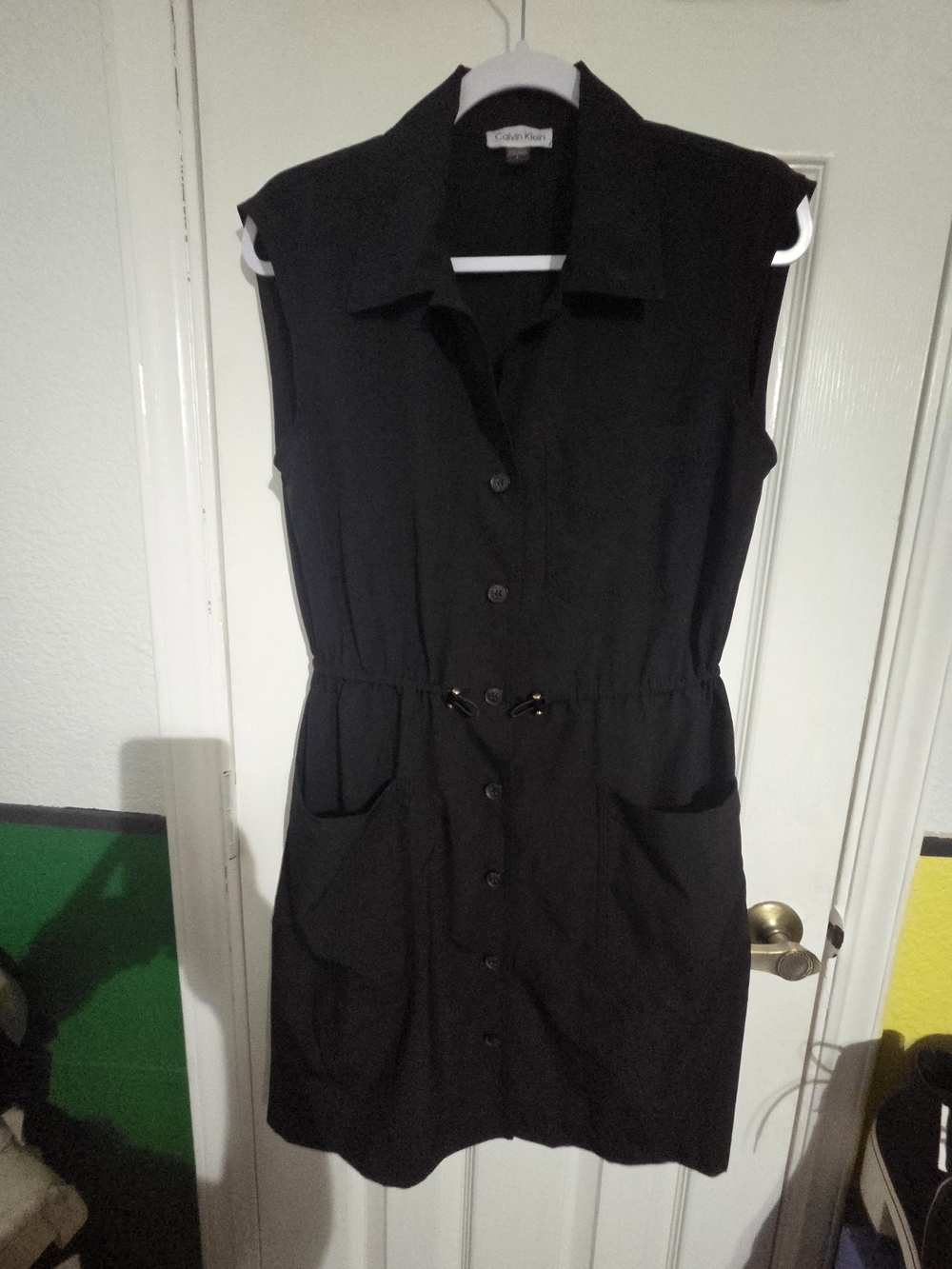 Calvin Klein Black Sleeveless Utiliry Button Up Pockets Shirt Midi Dress, Size 4